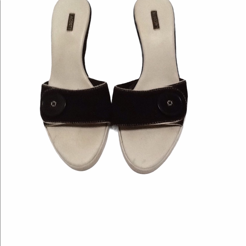 Lacoste Aimee Black/White Button Wedge Sandals Sz8